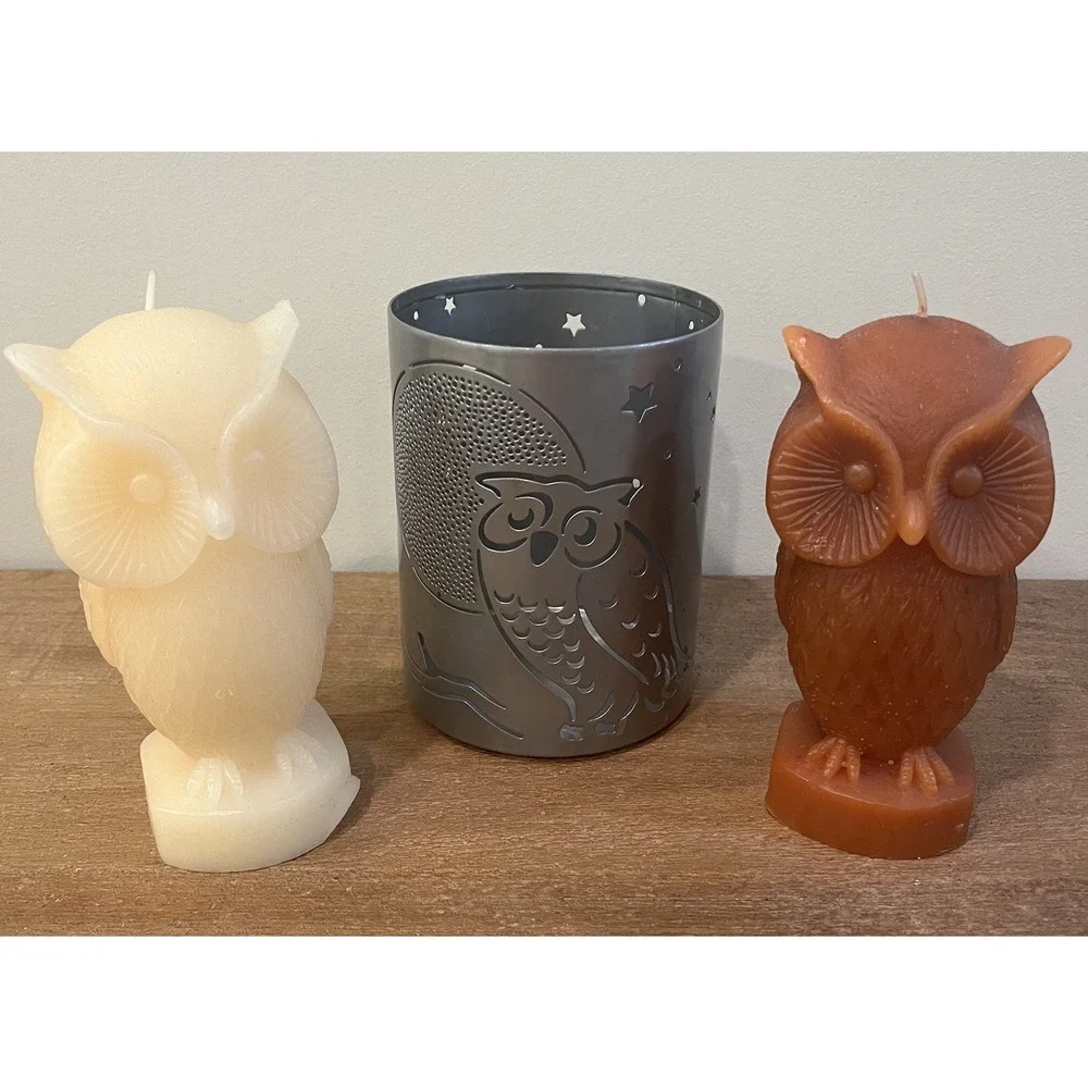 Better Homes & Gardens Silver Owl Candle Sleeve + 2 Owl Candles Set Fall Decor